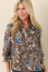 A Story of Her Own Brown & Blue Floral Blouse