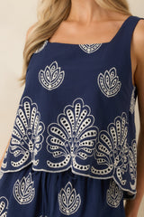 All The Possibilities Navy Embroidered Cotton Open Back Tank