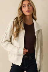 Better Believe It Ivory Cable Knit Zip Front Sweater Jacket