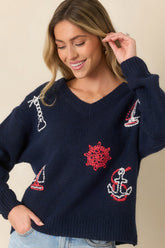 Anchored in Style Navy Multi Knit Nautical V-Neck Sweater