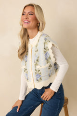 Bloom Baby Bloom Light Blue Floral Knit Scalloped Cropped Vest