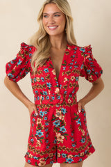 Adventurous at Heart Red Multi Linen Blend Floral Romper