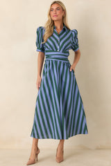 A Fresh Approach Blue & Green Stripe Cotton Midi Shirt Dress