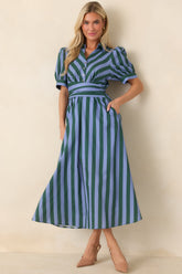 A Fresh Approach Blue & Green Stripe Cotton Midi Shirt Dress