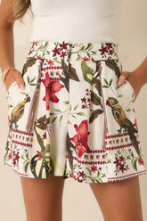 Aylaya Andrea Deep Red & Moss Green Multi Tropical Print Shorts