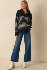 Before You Know It Navy Stripe Long Sleeve Collared Sweater