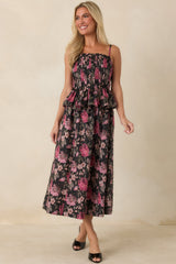A Very Good Reason Black Floral Cotton Pleated Peplum Midi Dress