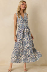 A Lovely Escape Blue Tile Print Linen Blend Sleeveless Maxi Dress