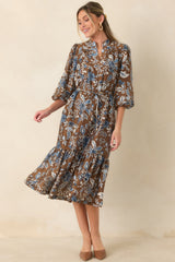 A Well-Told Story Brown & Blue Floral Tie-Waist Midi Dress