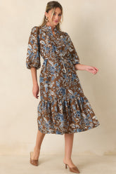 A Well-Told Story Brown & Blue Floral Tie-Waist Midi Dress