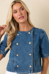 Across the Way Medium Wash Cotton Denim Double Breasted Top