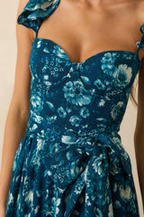 Aimee Dark Teal Multi Floral Print Bustier Maxi Dress