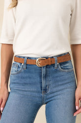 Always in Place Cognac Brown Woven Texture Faux Leather Belt