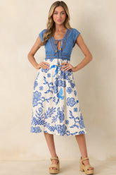 Aylaya Aubrey Ivory & Blue Floral Denim Bodice Midi Dress