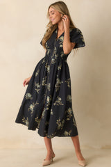 Always Welcome Navy Multi Floral Print Cotton Smocked Waist Midi Dress