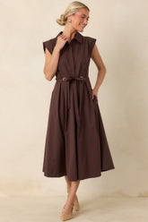 A Better Plan Brown Cotton Poplin Belted Midi Dress