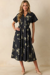 Always Welcome Navy Multi Floral Print Cotton Smocked Waist Midi Dress