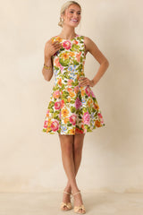 Blooming Bright Multi Floral Cotton Flared Sleeveless Mini Dress