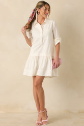 Always a Classic Ivory Cotton Blend Long Sleeve Mini Shirt Dress