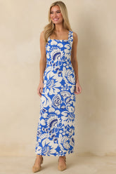 Along the Coast Blue & White Floral Pattern Linen Blend Sleeveless Maxi Dress