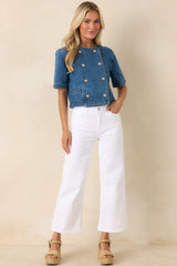 Across the Way Medium Wash Cotton Denim Double Breasted Top