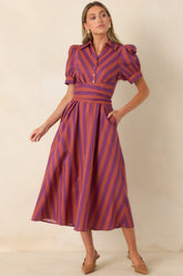 A Fresh Approach Plum & Burgundy Stripe Cotton Midi Shirt Dress