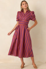 A Fresh Approach Plum & Burgundy Stripe Cotton Midi Shirt Dress