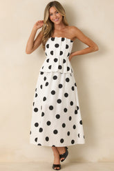 A Class of Her Own White & Black Polka Dot Strapless Midi Dress