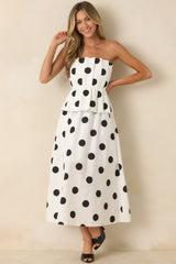 A Class of Her Own White & Black Polka Dot Strapless Midi Dress