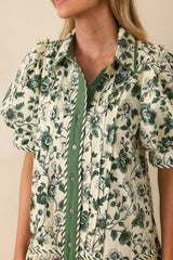 As It Happens Green Floral Print Cotton Puff Sleeve Mini Dress