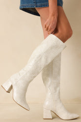 Always A Step Ahead Ivory Faux Snakeskin Knee High Boots