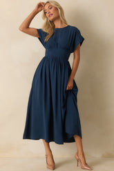 As Promised Navy Short Sleeve Cinched Waist Maxi Dress