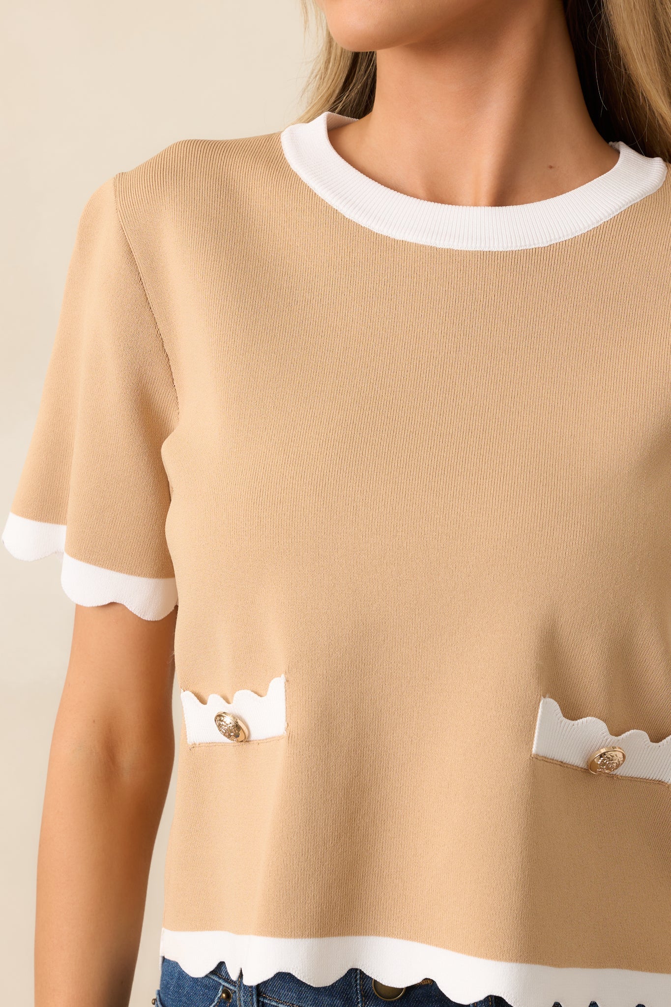 Book Nook Tan Scallop Hem Short Sleeve Top