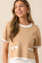 Book Nook Tan Scallop Hem Short Sleeve Top