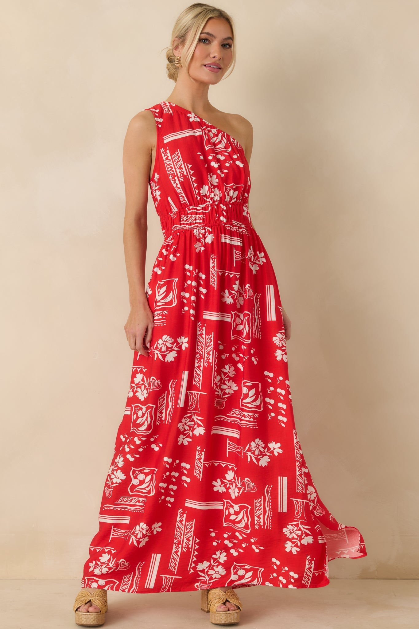 Anything Goes Red One Shoulder Geometric Floral Print Maxi Dress