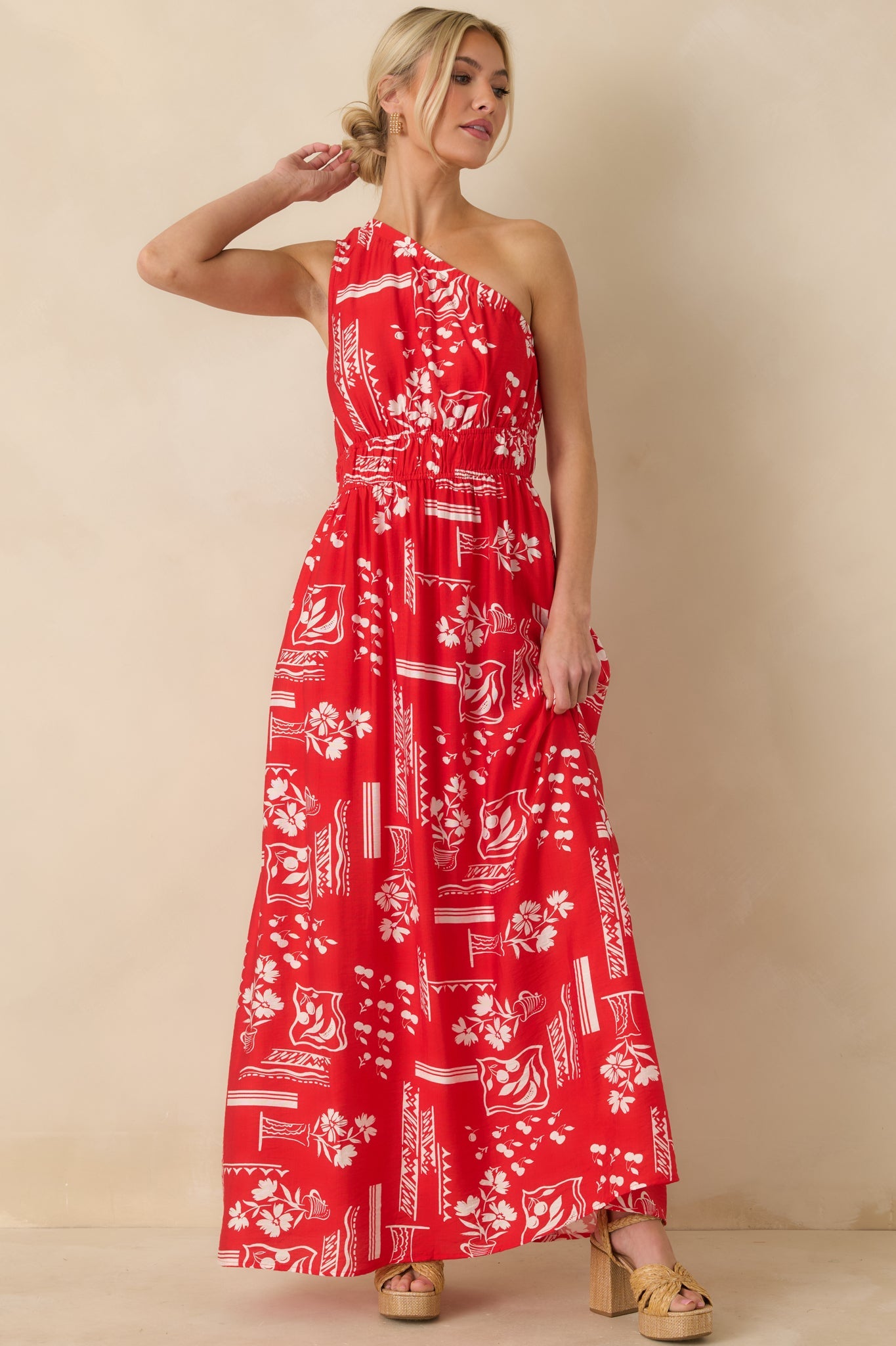 Anything Goes Red One Shoulder Geometric Floral Print Maxi Dress