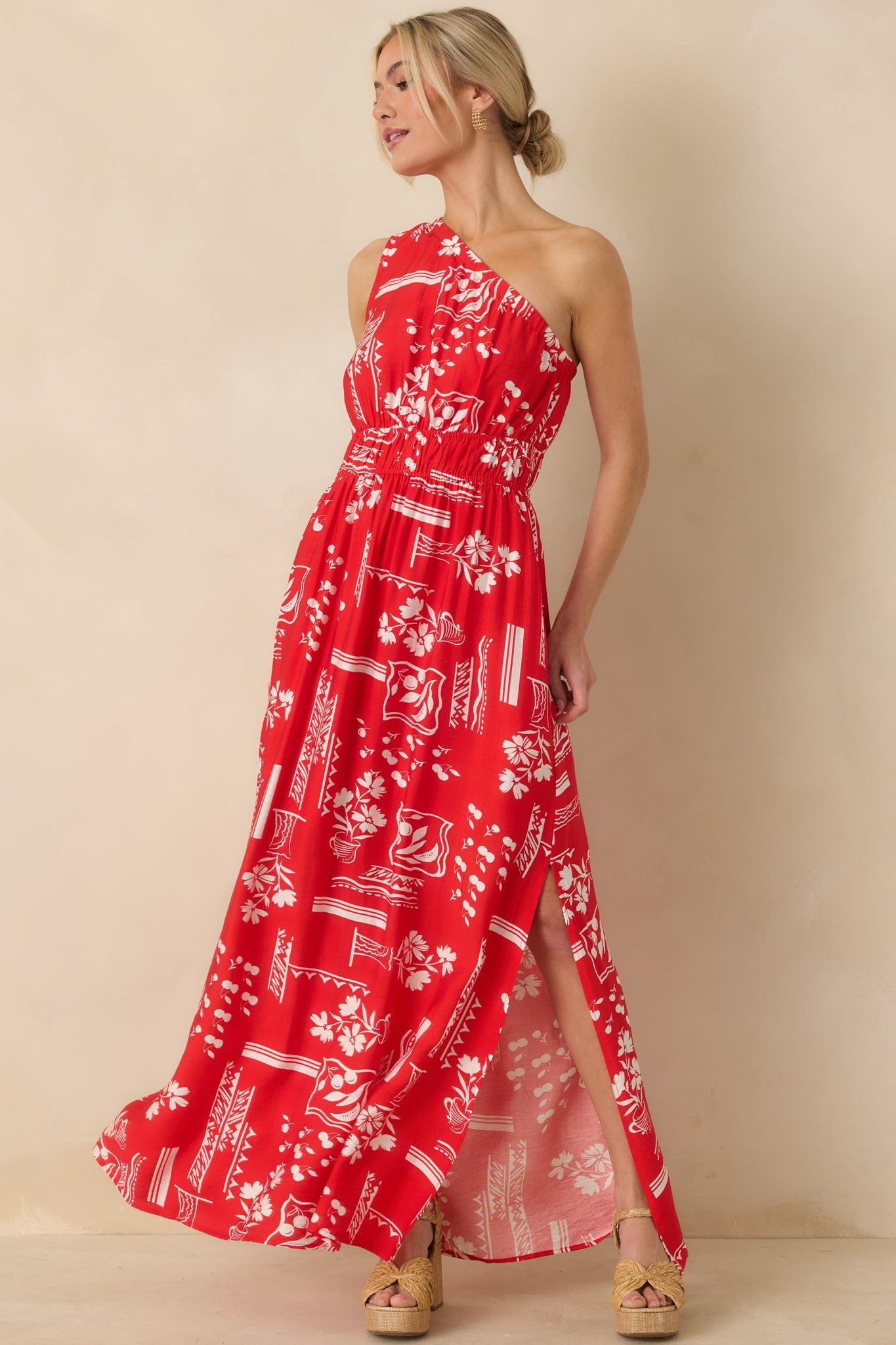 Anything Goes Red One Shoulder Geometric Floral Print Maxi Dress