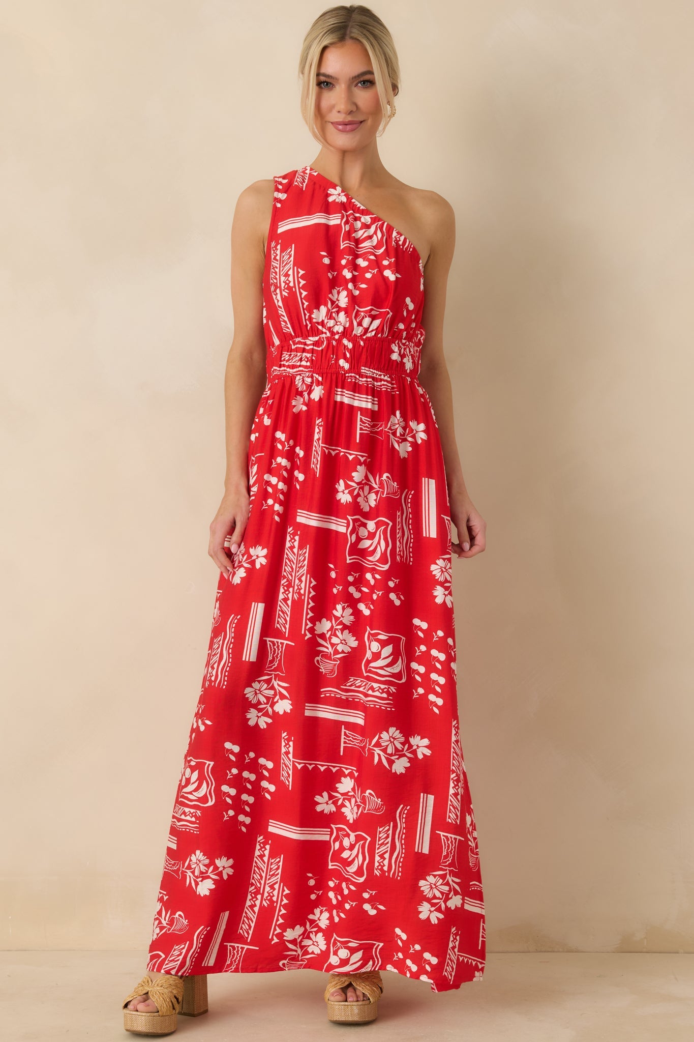 Anything Goes Red One Shoulder Geometric Floral Print Maxi Dress