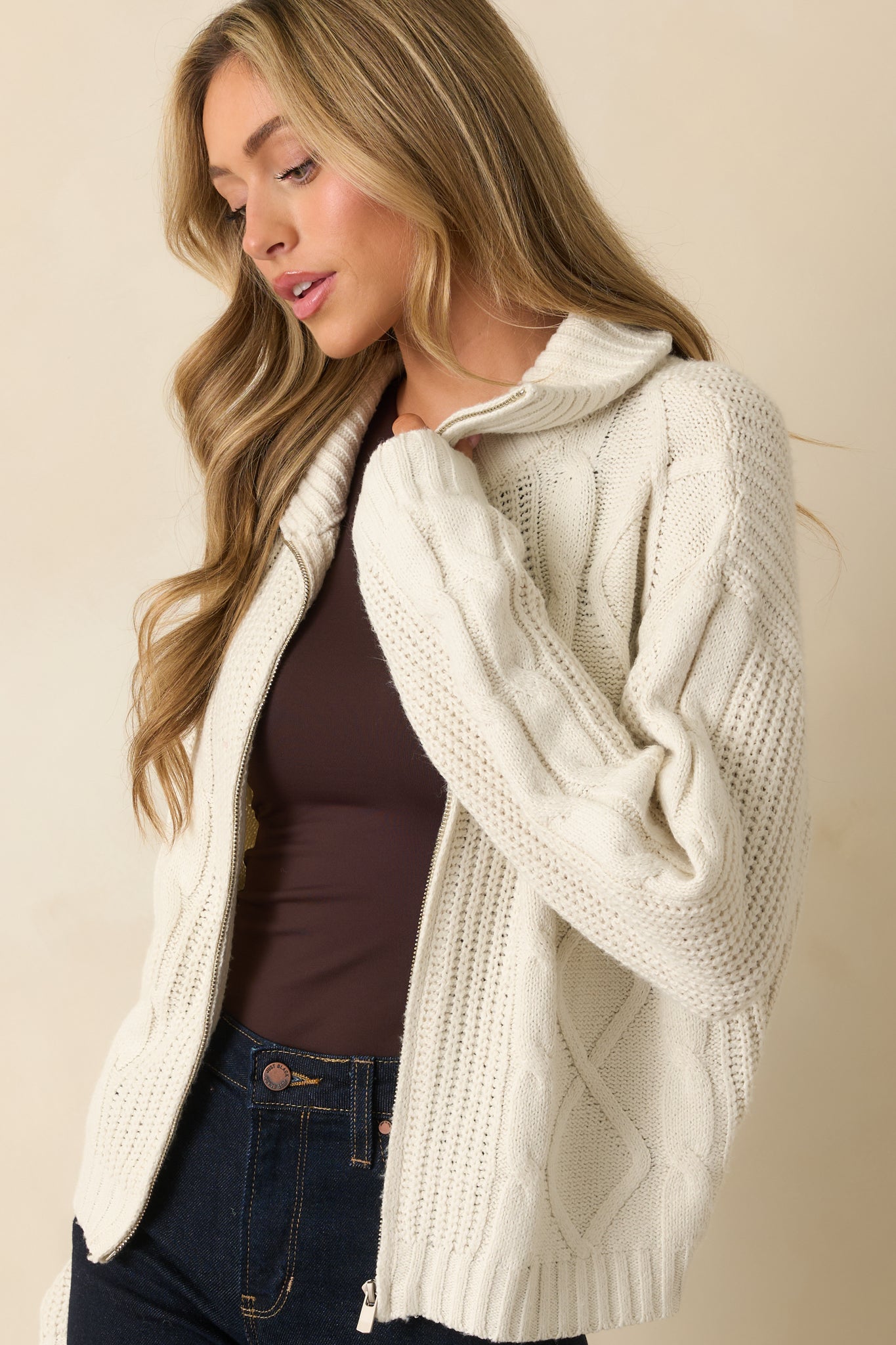 Better Believe It Ivory Cable Knit Zip Front Sweater Jacket