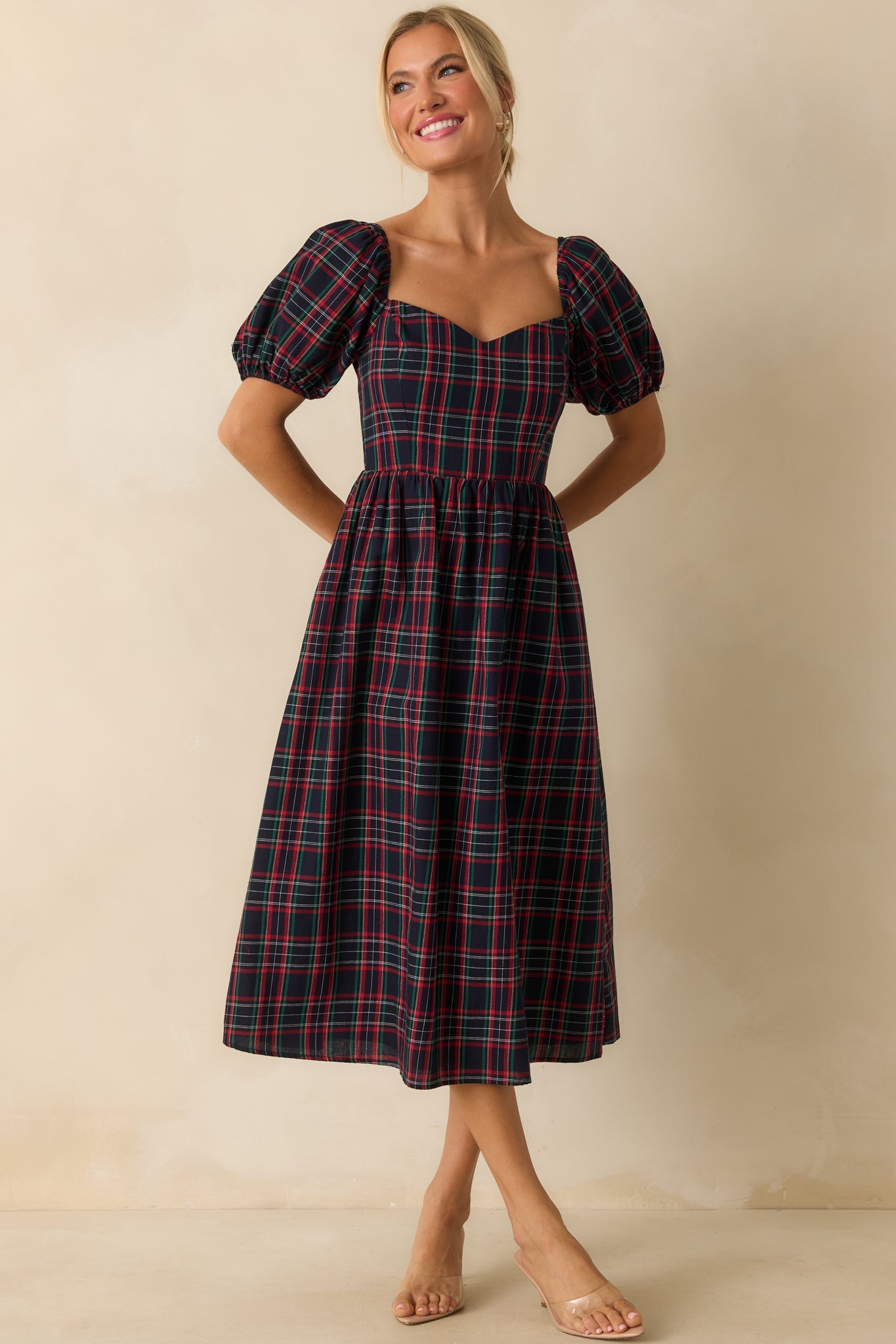 Always You Cotton Navy Plaid Puff Sleeve Midi Dress