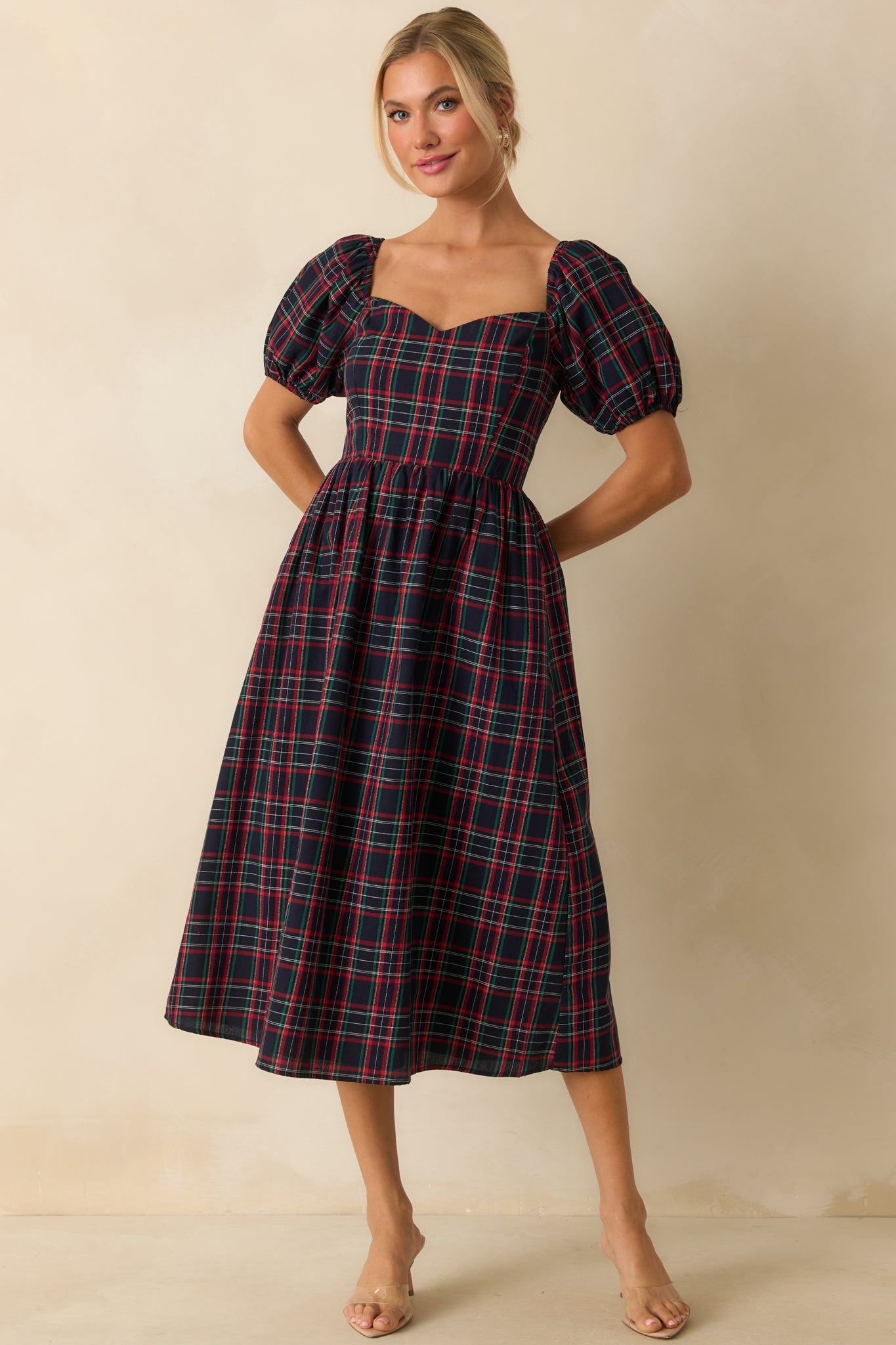 Always You Cotton Navy Plaid Puff Sleeve Midi Dress