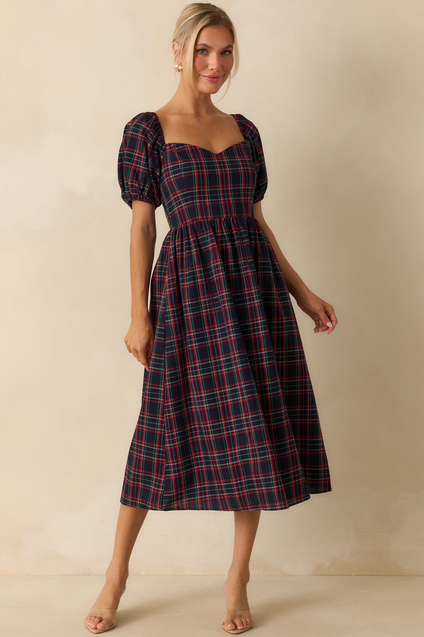 Always You Cotton Navy Plaid Puff Sleeve Midi Dress