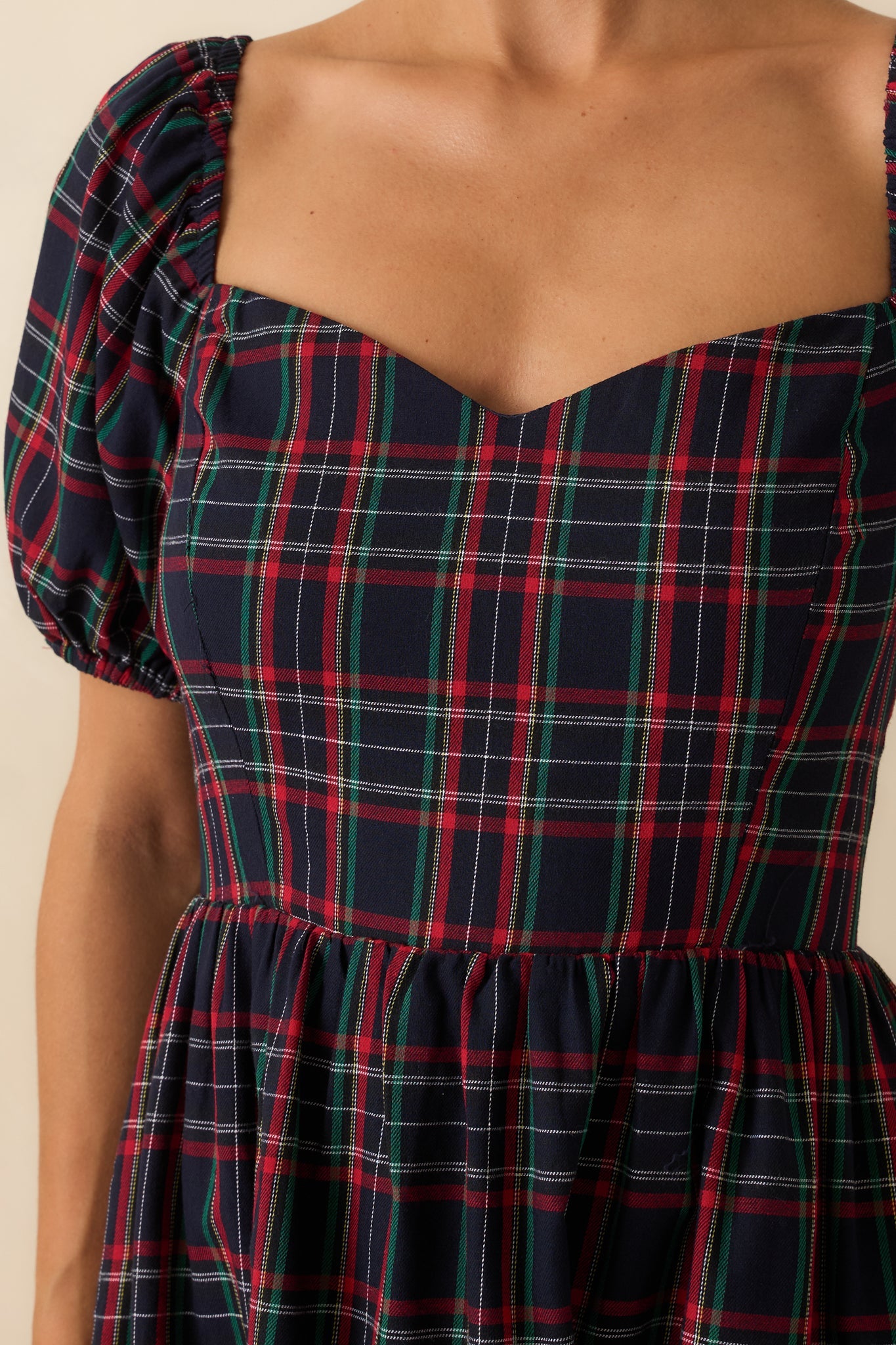 Always You Cotton Navy Plaid Puff Sleeve Midi Dress