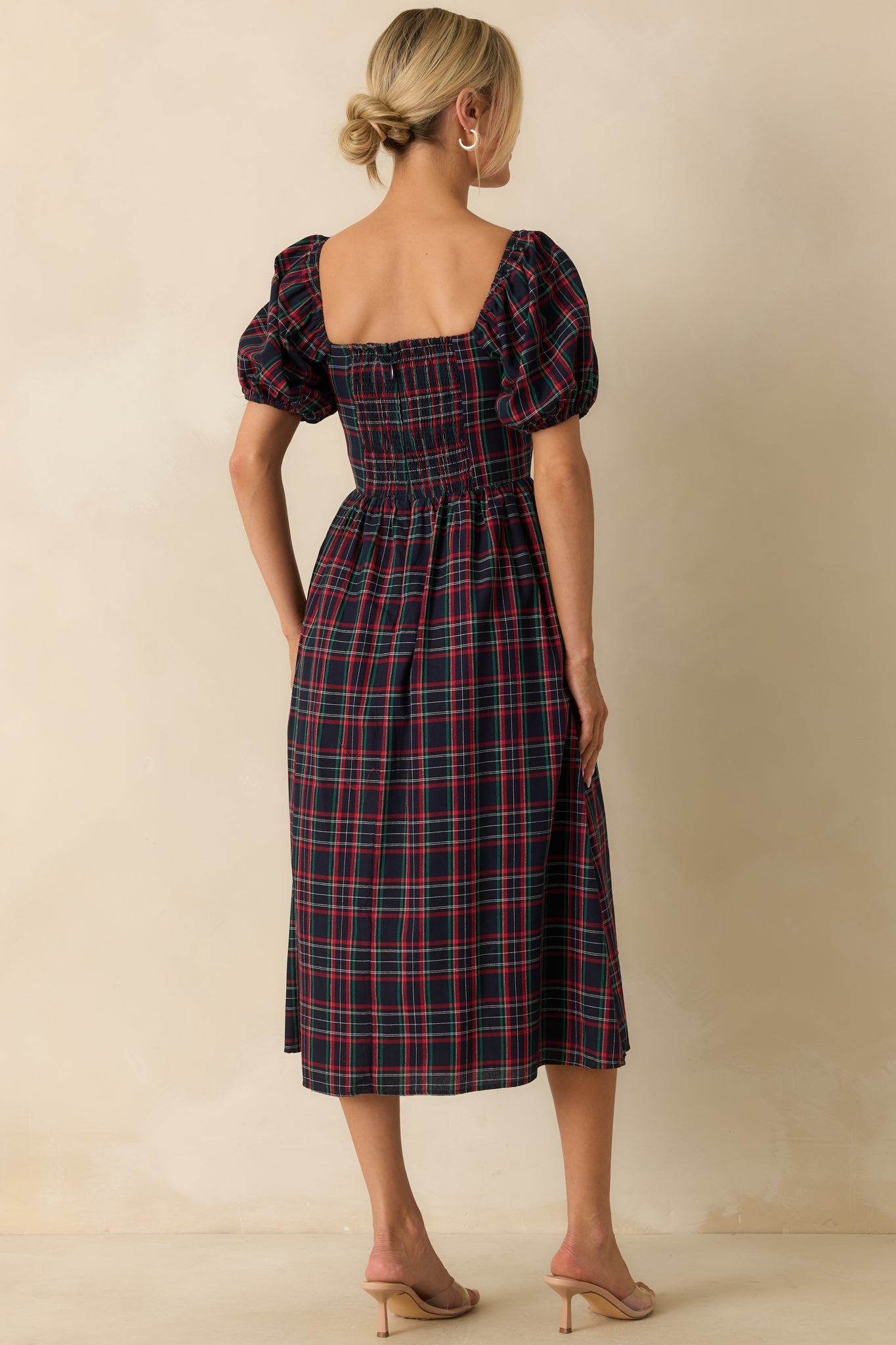 Always You Cotton Navy Plaid Puff Sleeve Midi Dress
