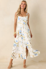 A Dash of Sunshine White Multi Floral Print Bow Accent Strap Midi Dress