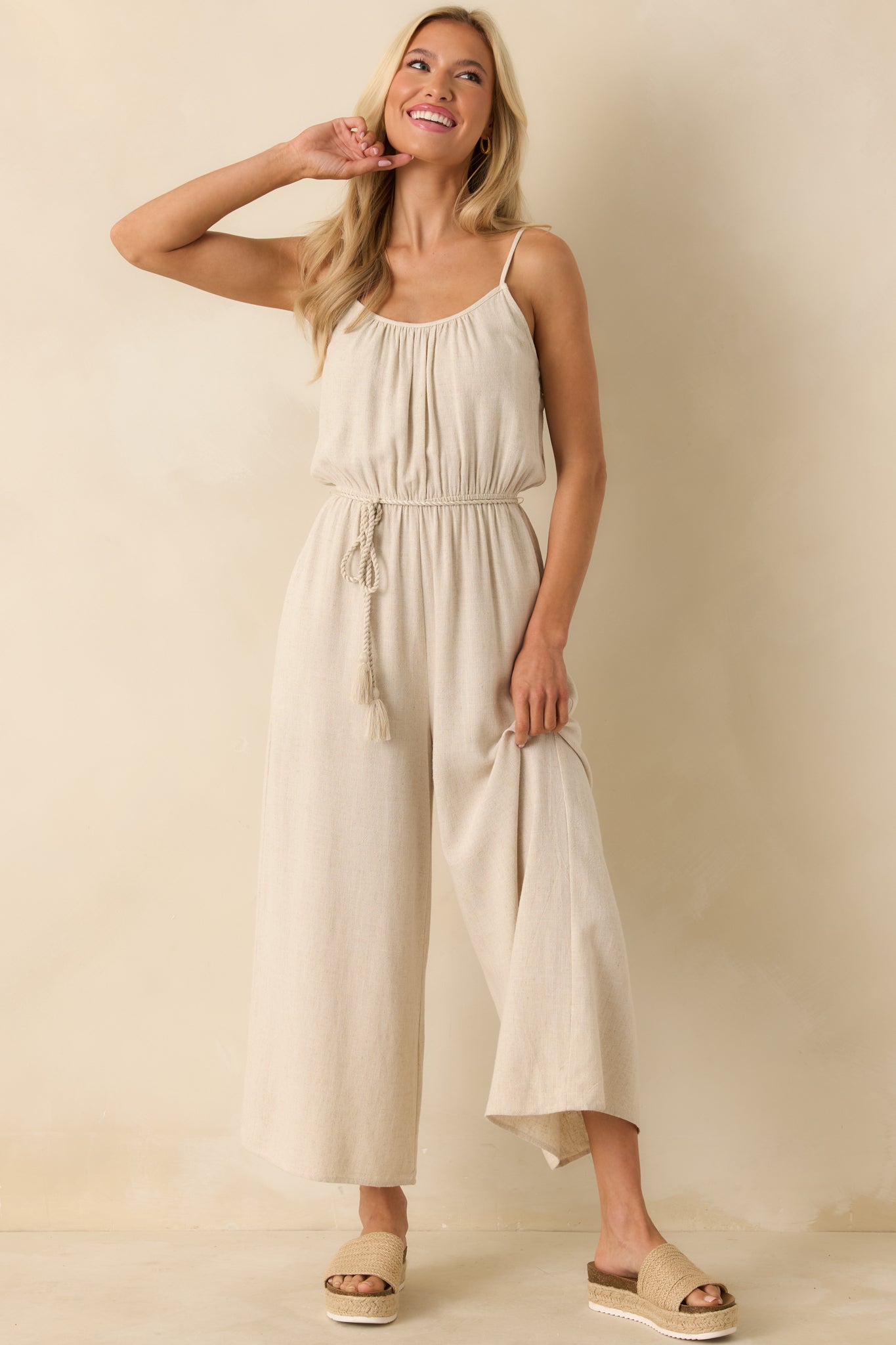 As Simple As That Natural Linen Blend Sleeveless Jumpsuit