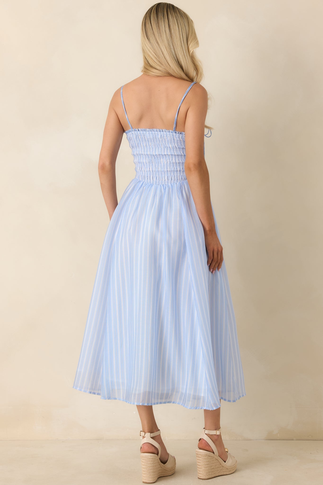 ASTR The Label Lahela Light Blue Stripe Smocked Midi Dress