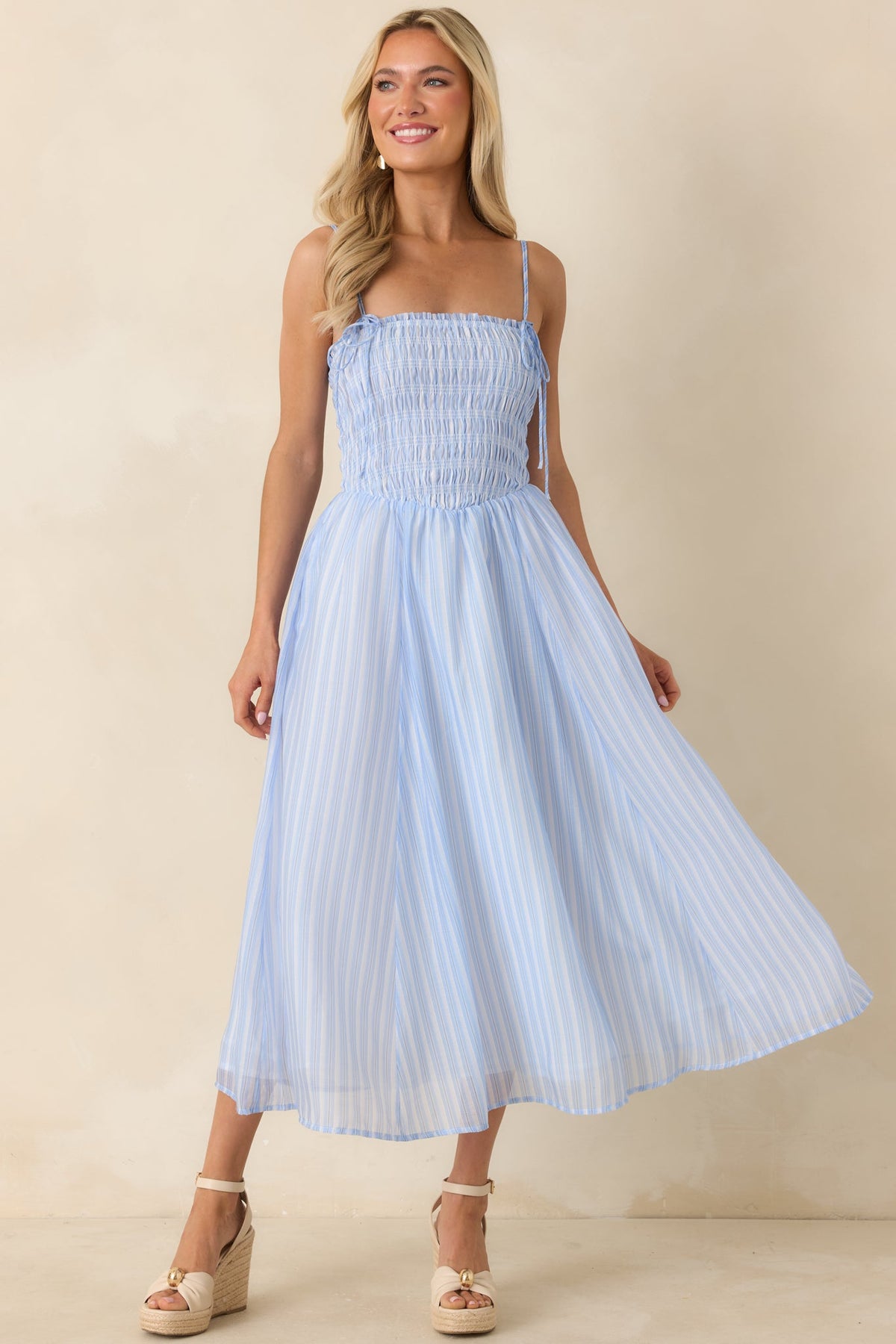 ASTR The Label Lahela Light Blue Stripe Smocked Midi Dress