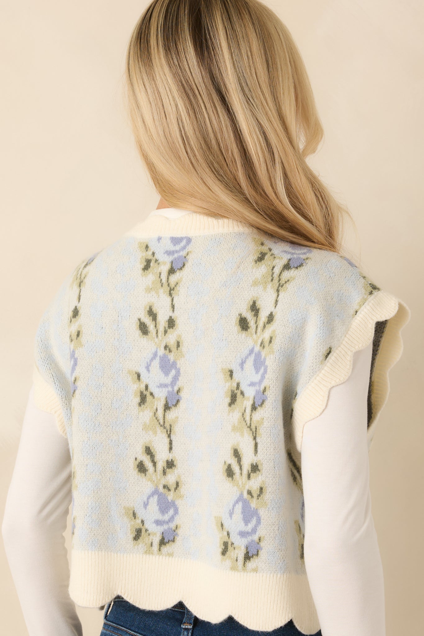Bloom Baby Bloom Light Blue Floral Knit Scalloped Cropped Vest