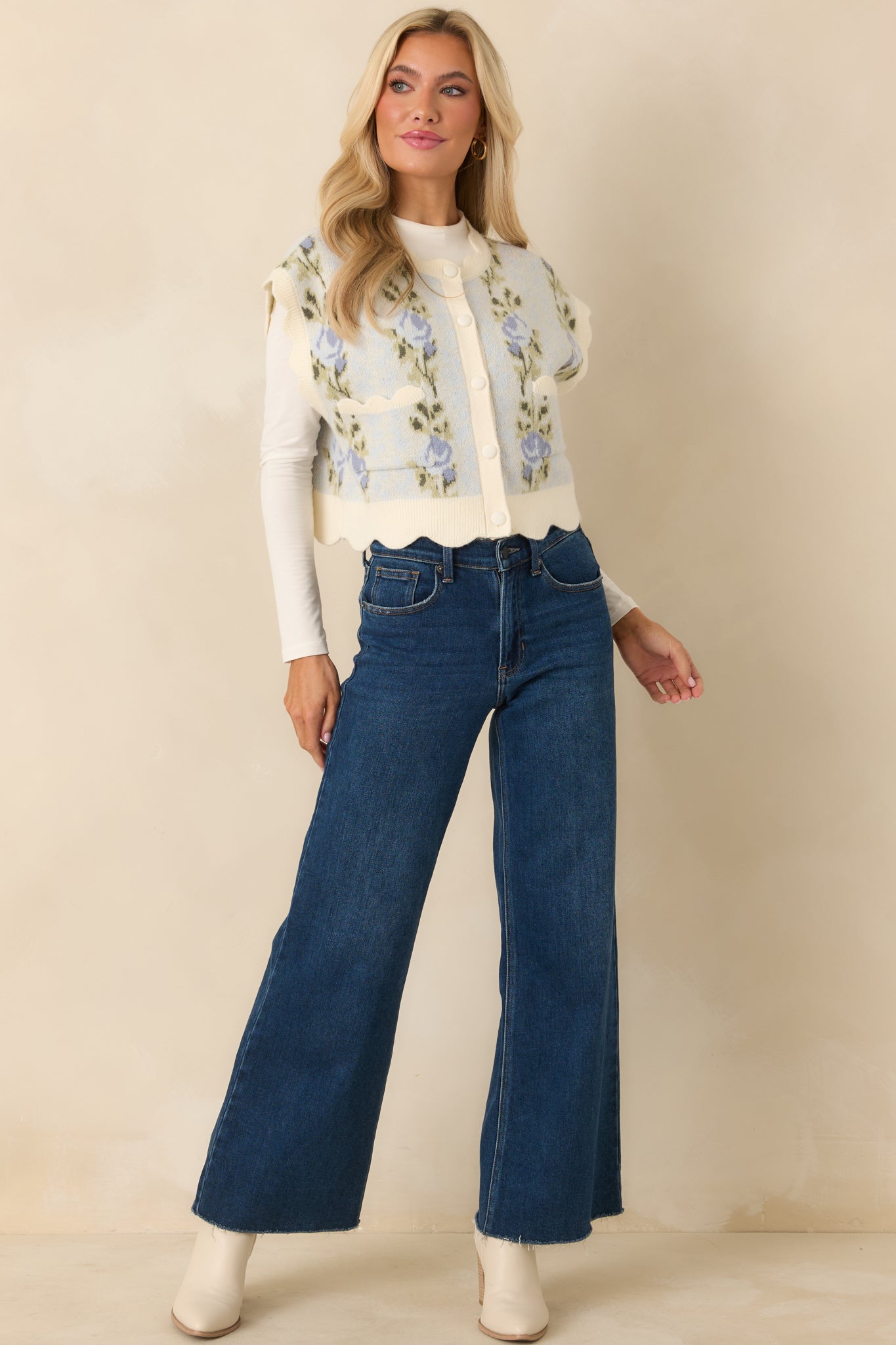 Bloom Baby Bloom Light Blue Floral Knit Scalloped Cropped Vest
